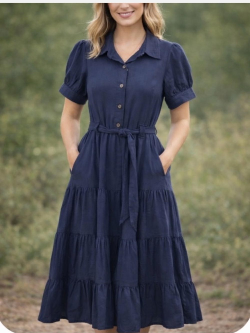 Kaileigh Navy Blue Button Front Tiered Midi Dress Puff Sleeve Belted Pockets M